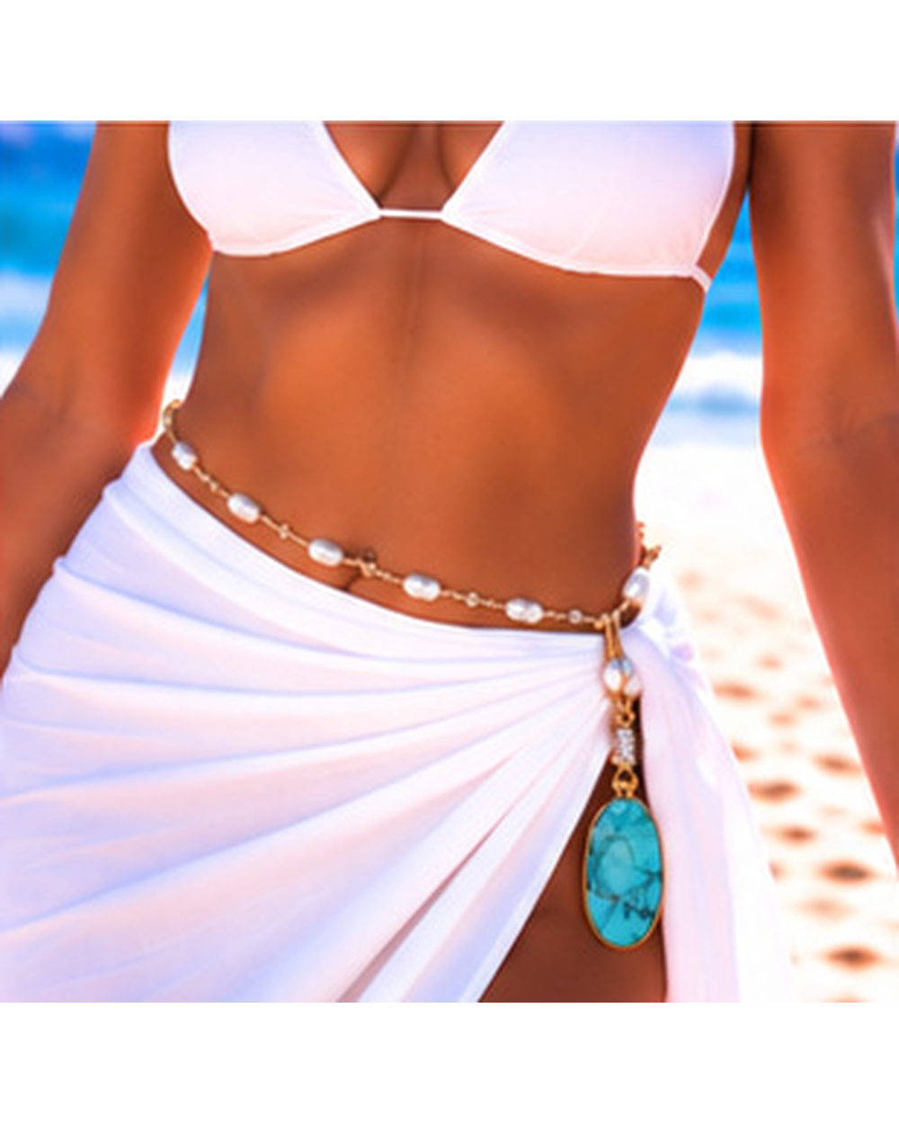 Turquoise Pendant with Ivory Fresh Water Pearls — Belt