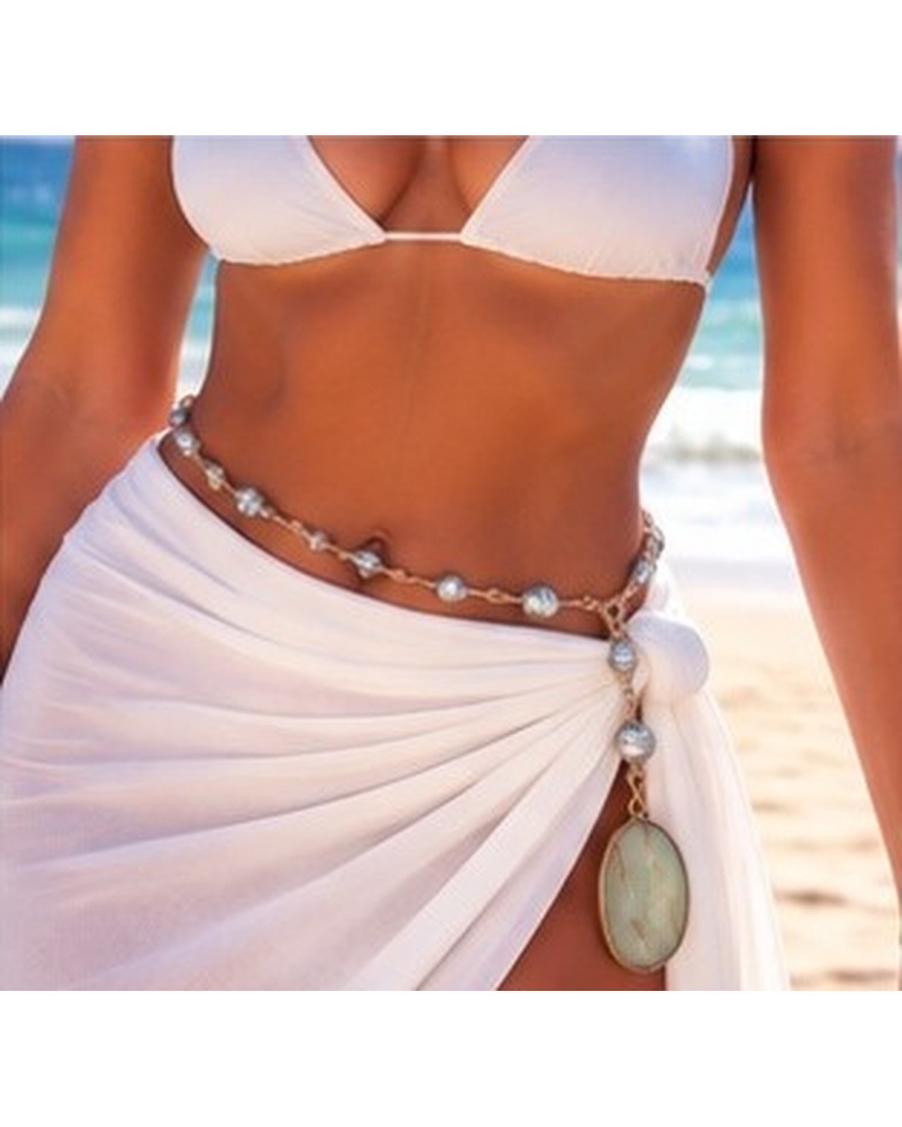Light Green Turquoise Pendant with Grey Iridescent Fresh Water Pearls — Belt