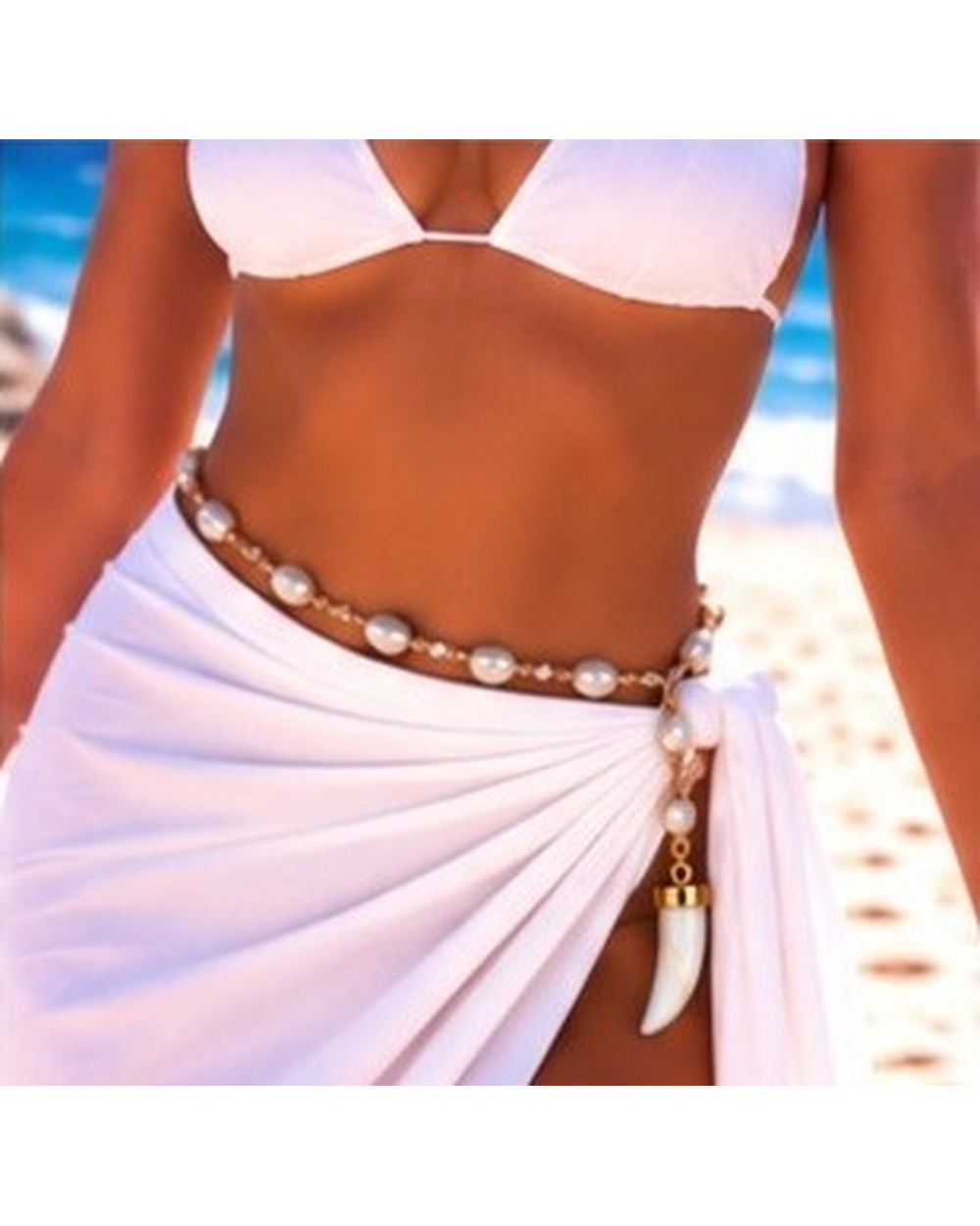 Mother of Pearl Shark Tooth Pendant with Ivory Fresh Water Pearls — Belt