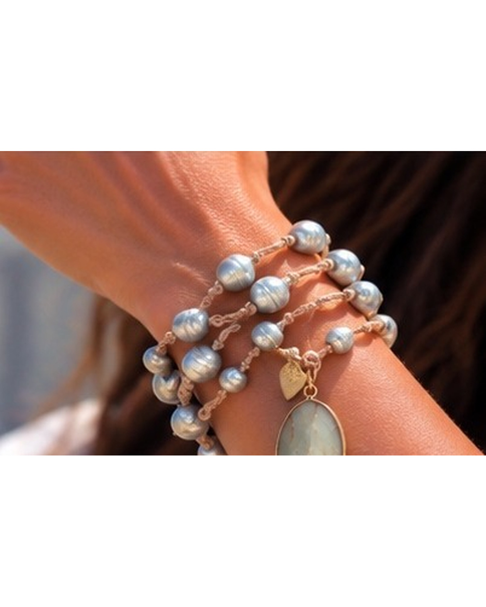 Light Green Turquoise Pendant with Grey Iridescent Fresh Water Pearls — Bracelet