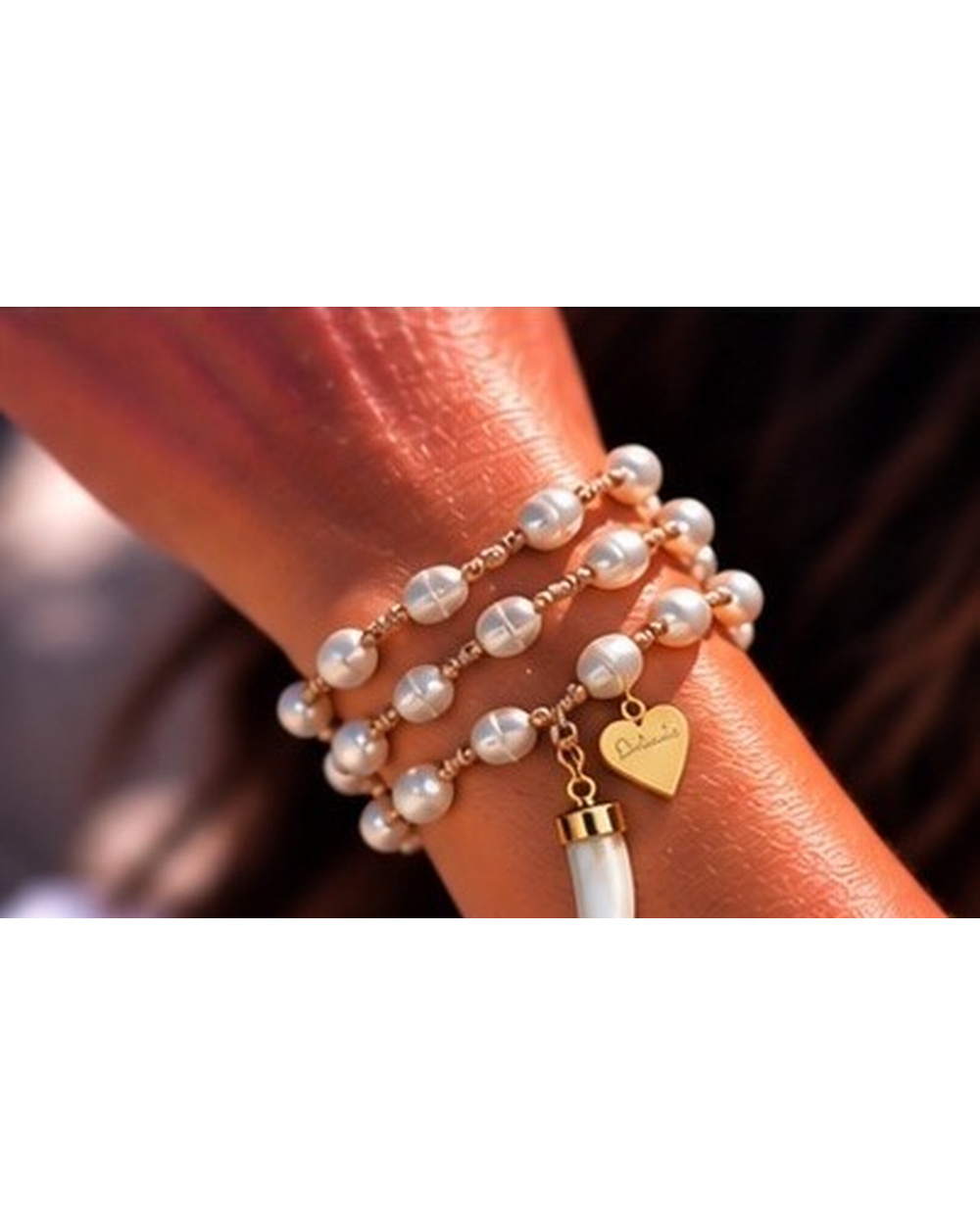 Mother of Pearl Shark Tooth Pendant with Ivory Fresh Water Pearls — Bracelet