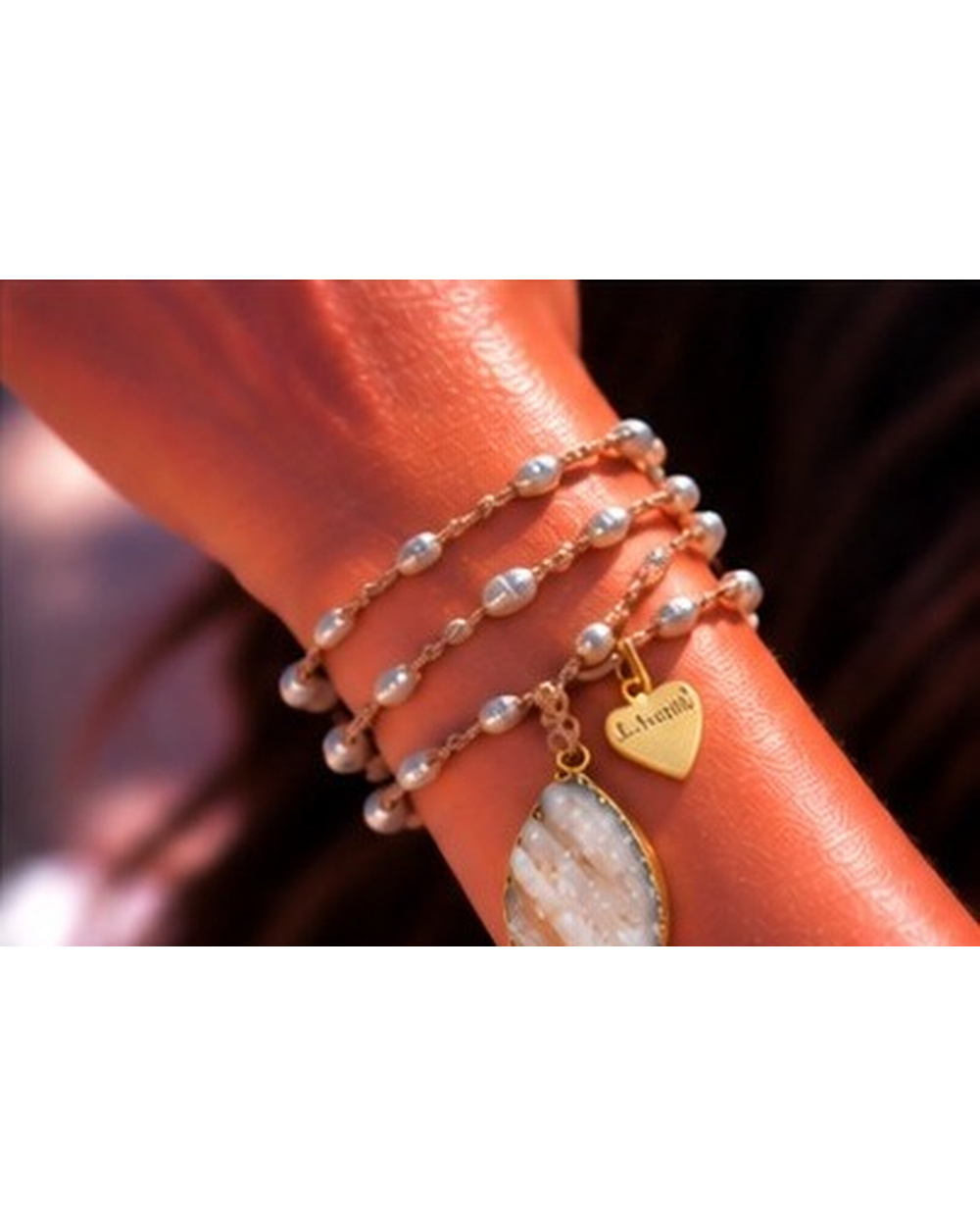 Tigers Eye Druzy Pendant with Ivory Fresh Water Pearls — Bracelet