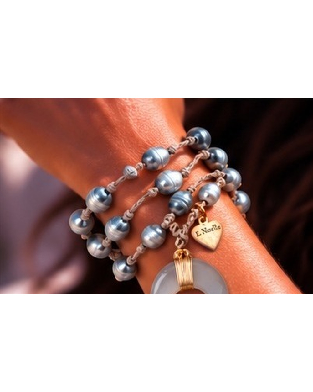 Mother of Pearl Wishbone Pendant with Grey Iridescent Fresh Water Pearls — Bracelet