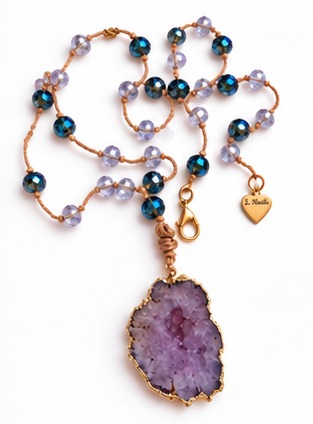 Amethyst Druzy Pendant with Amethyst Crystals necklace — real close-up photograph