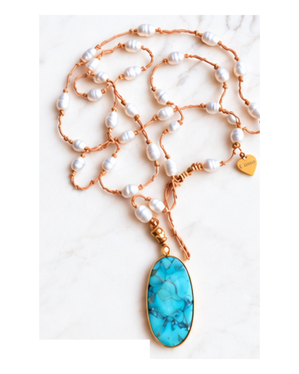 Turquoise Pendant with Ivory Fresh Water Pearls necklace — real close-up photograph