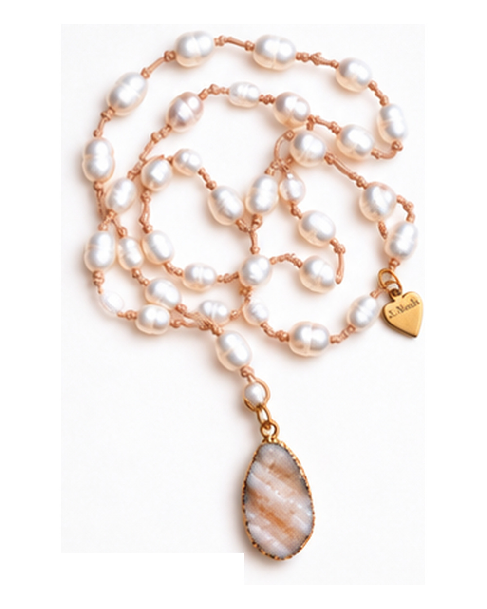 Tigers Eye Druzy Pendant with Ivory Fresh Water Pearls necklace — real close-up photograph