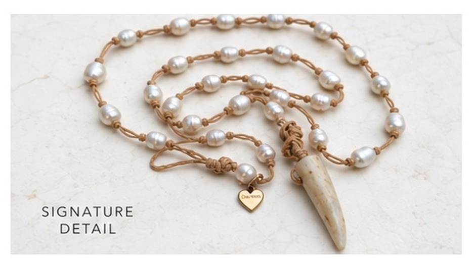 Antler Pendant with Ivory Fresh Water Pearls necklace — real close-up photograph