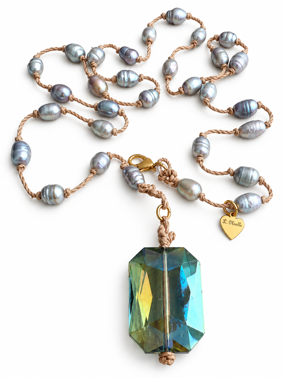 Large Iridescent Crystal Pendant with Grey Fresh Water Pearls necklace — real close-up photograph