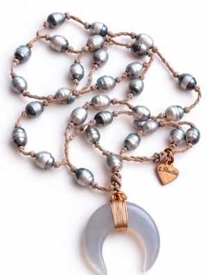 Mother of Pearl Wishbone Pendant with Grey Iridescent Fresh Water Pearls necklace — real close-up photograph