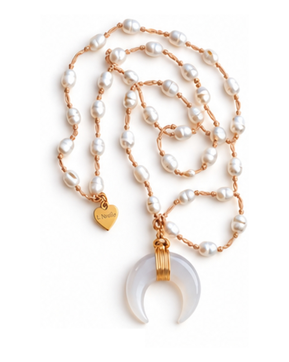 Mother of Pearl Wishbone Pendant with Ivory Fresh Water Pearls necklace — real close-up photograph