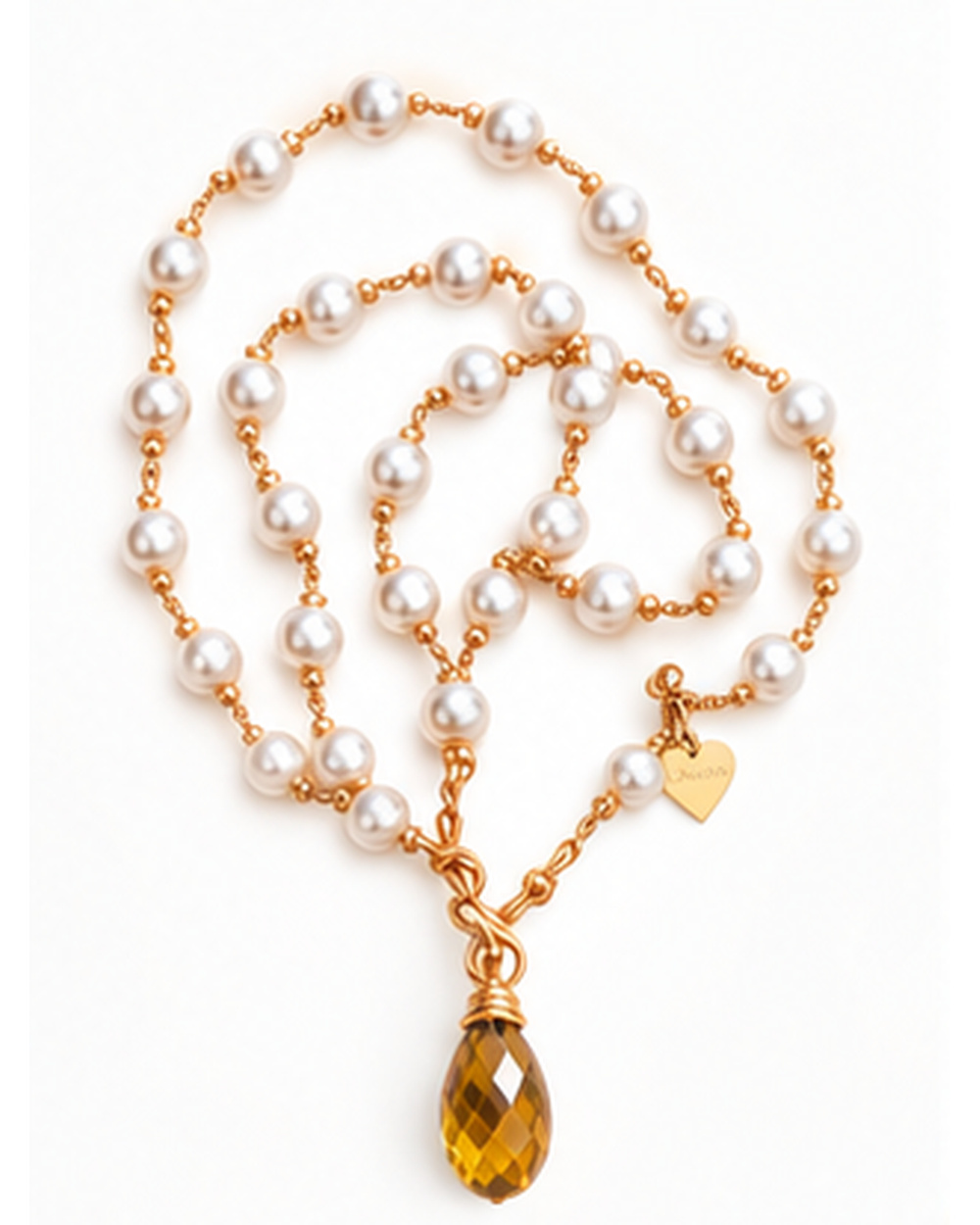 Faceted Teardrop Citrine Pendant with Ivory Freshwater Pearls necklace — real close-up photograph