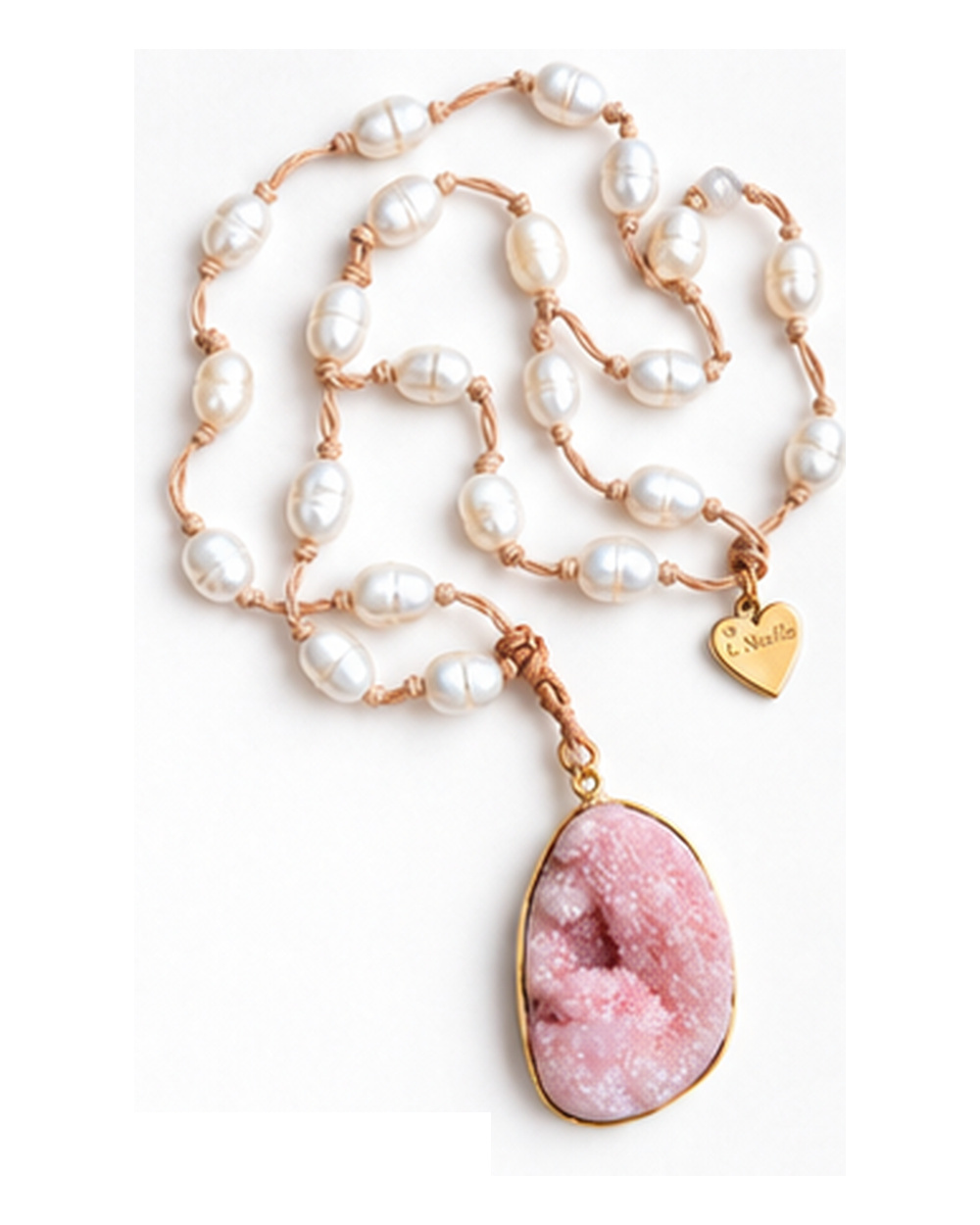 Pink Rose Quartz Druzy Pendant with Ivory Fresh Water Pearls necklace — real close-up photograph