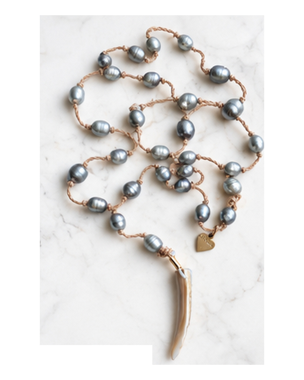 Antler Pendant with Grey Iridescent Fresh Water Pearls necklace — real close-up photograph
