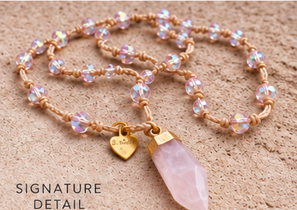 Faceted Rose Quartz Pendant with Rose Quartz Crystals necklace — real close-up photograph