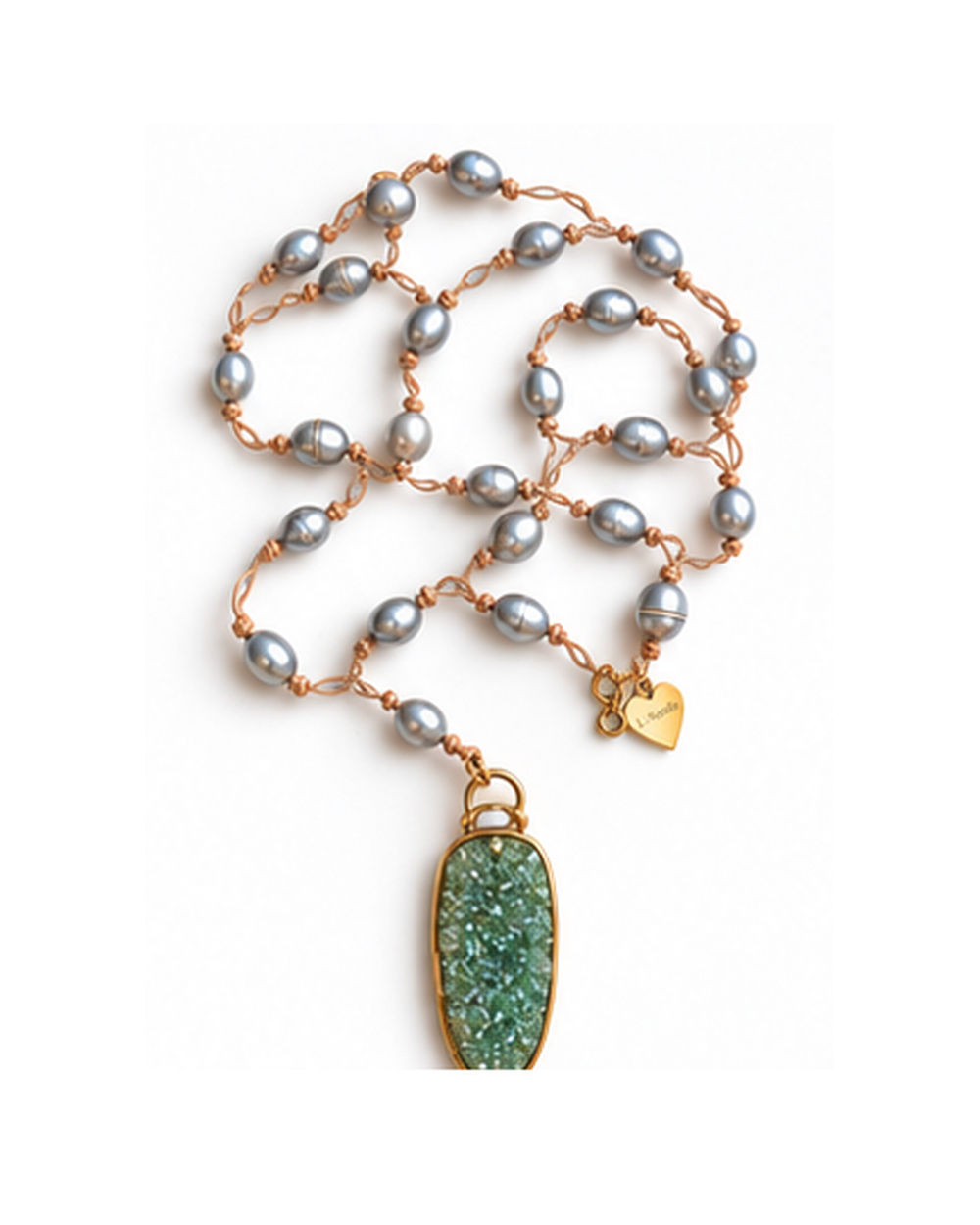 Jade Druzy Pendant with Grey Iridescent Fresh Water Pearls necklace — real close-up photograph