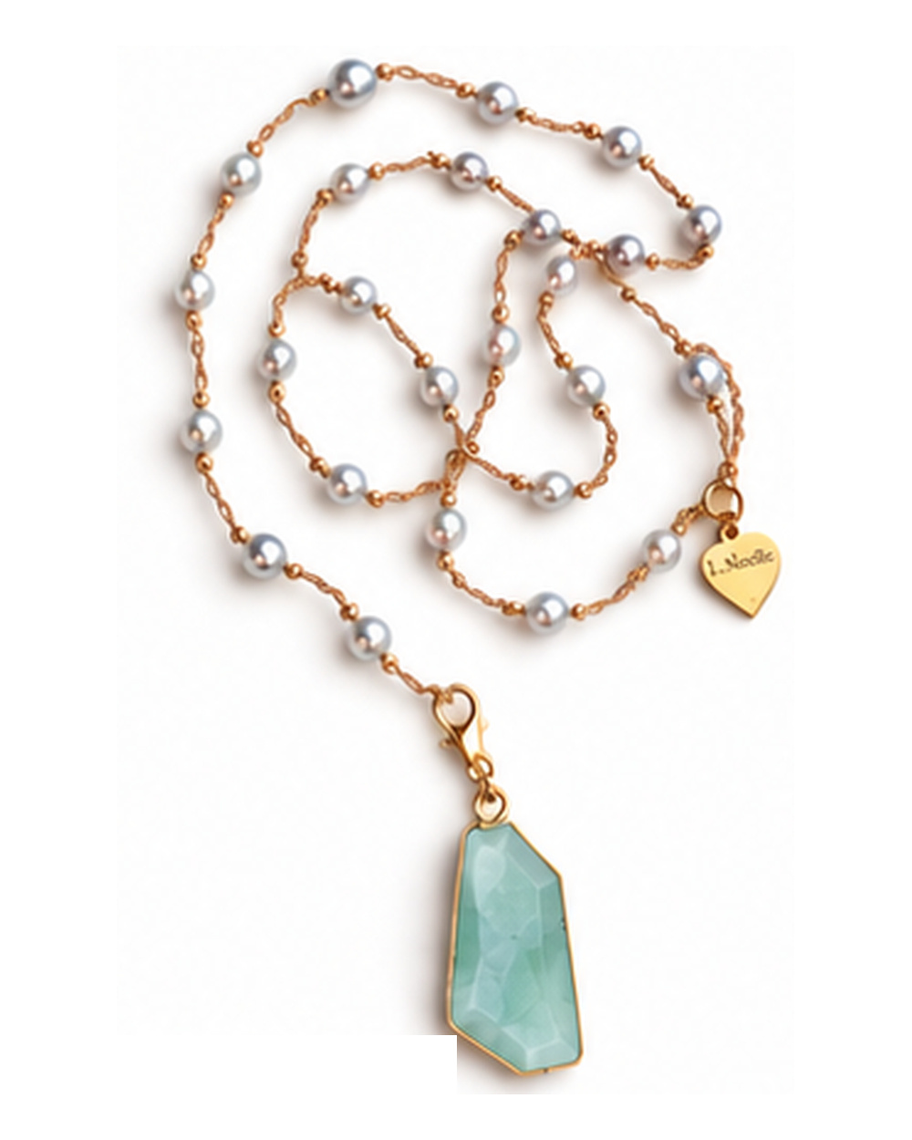 Sea Foam Green Jade Pendant with Grey Iridescent Pearls necklace — real close-up photograph