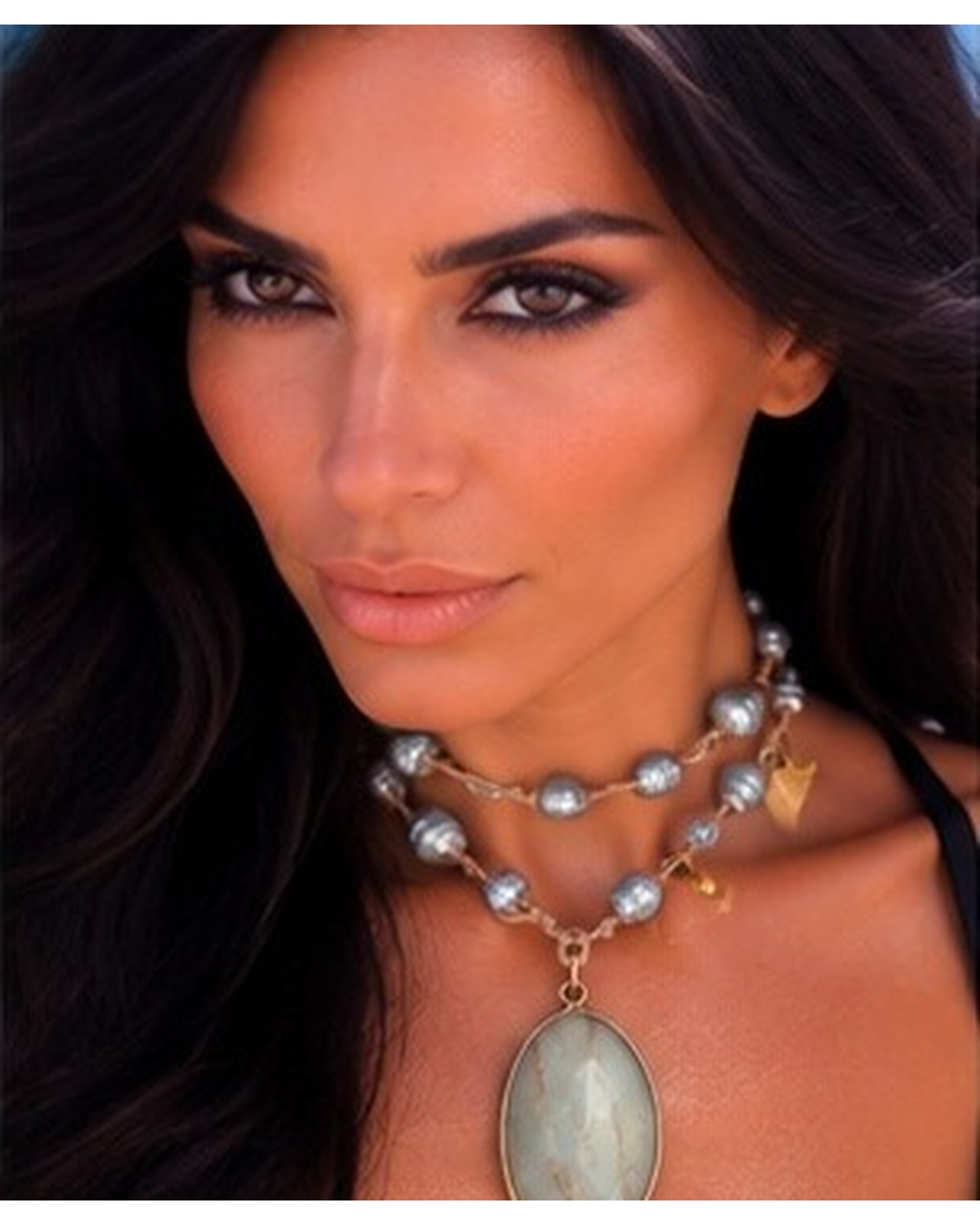 Light Green Turquoise Pendant with Grey Iridescent Fresh Water Pearls — Double wrap