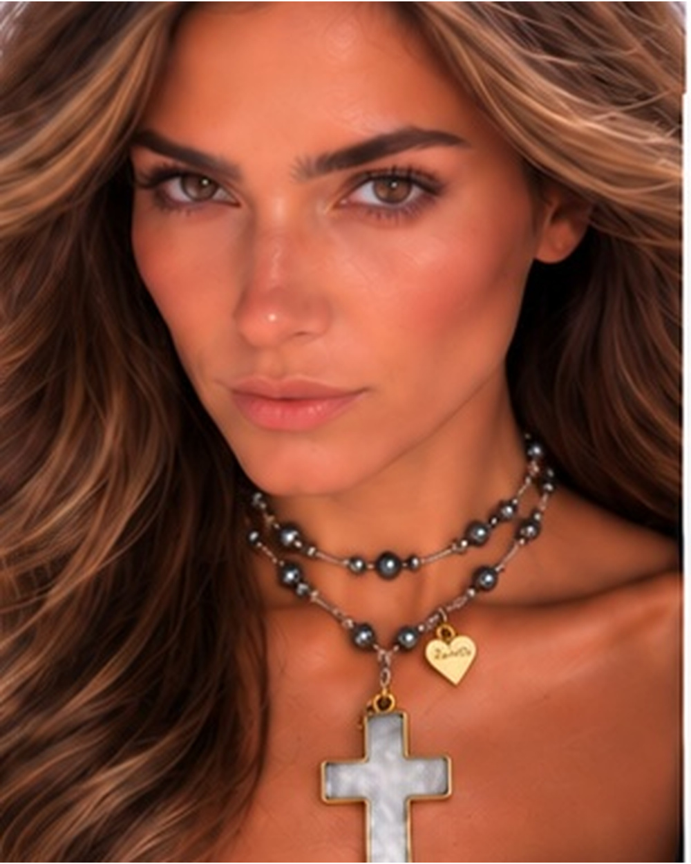 Mother of Pearl Cross Pendant with Hematite Crystals — Double wrap