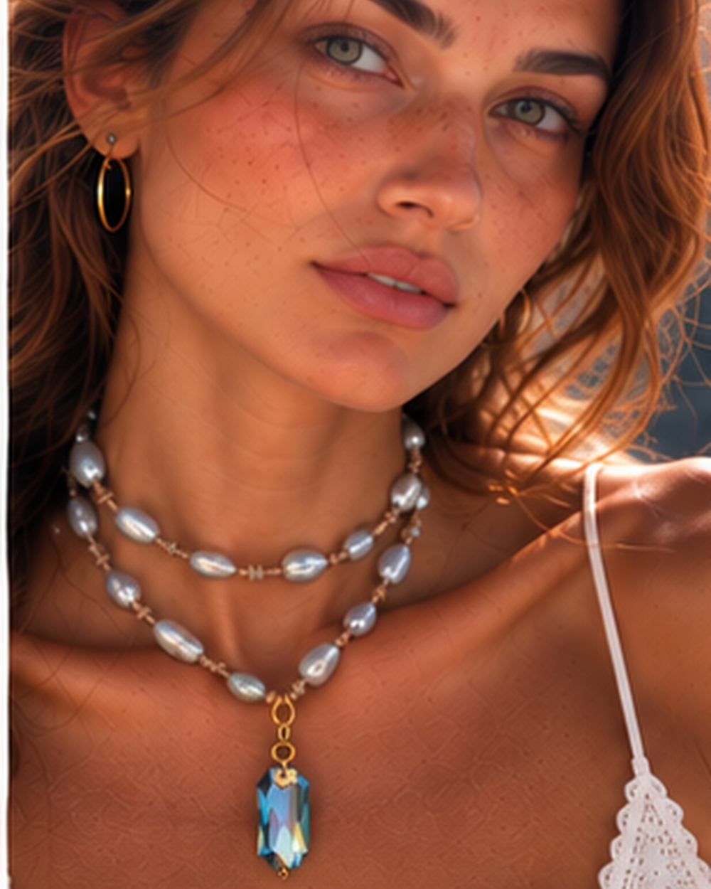 Large Iridescent Crystal Pendant with Grey Fresh Water Pearls — Double wrap