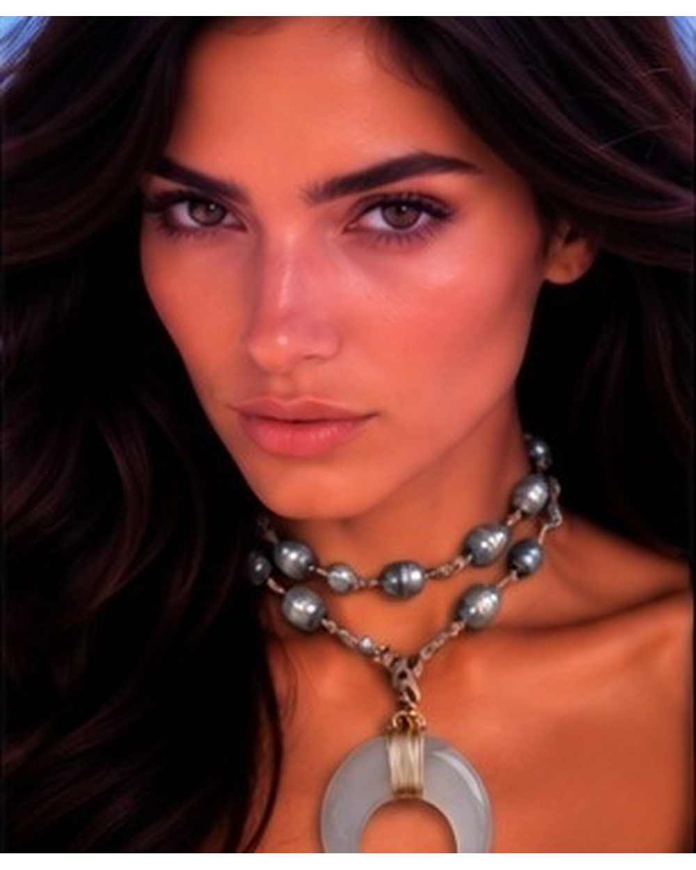 Mother of Pearl Wishbone Pendant with Grey Iridescent Fresh Water Pearls — Double wrap