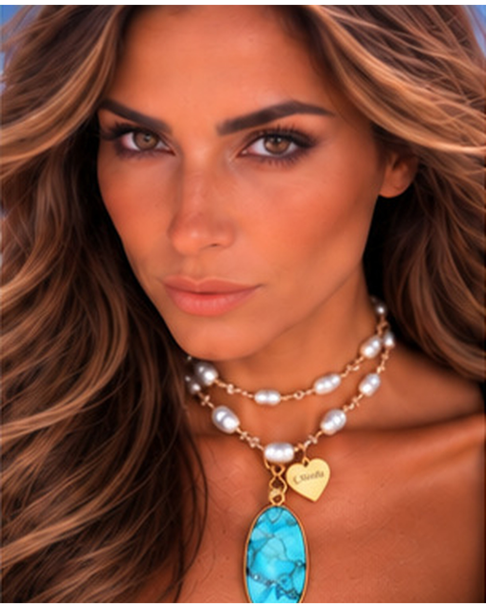 Turquoise Pendant with Ivory Fresh Water Pearls — Double wrap
