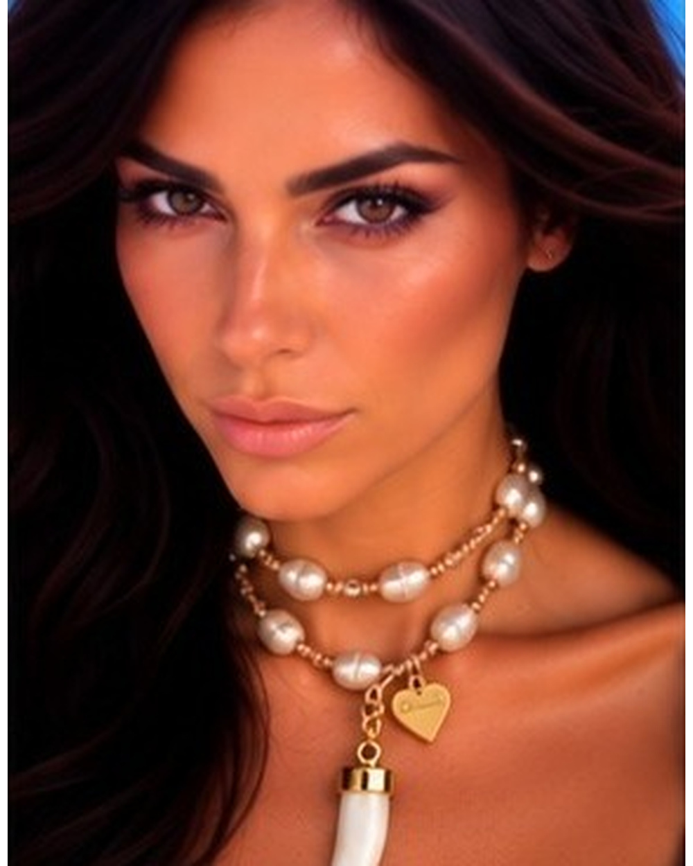 Mother of Pearl Shark Tooth Pendant with Ivory Fresh Water Pearls — Double wrap