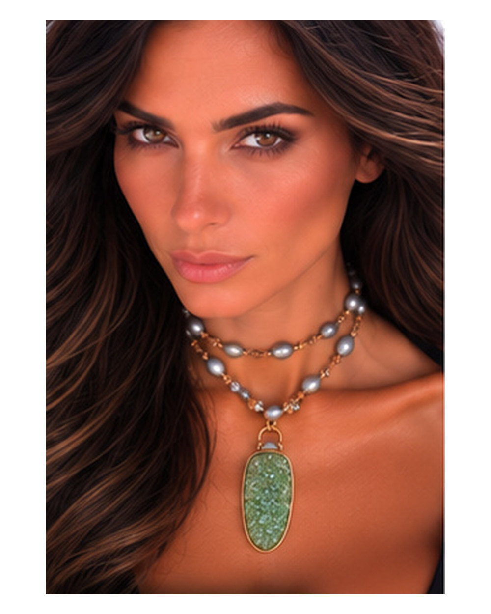 Jade Druzy Pendant with Grey Iridescent Fresh Water Pearls — Double wrap